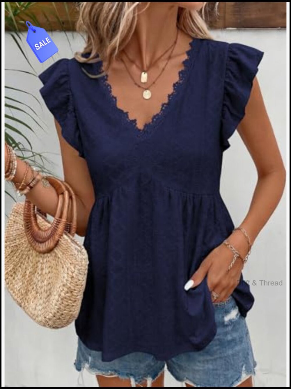 Boho Lace V-Neck Ruffle Camisole Tank Top - Textured Sleeveless Blouse - Picture 6 of 7
